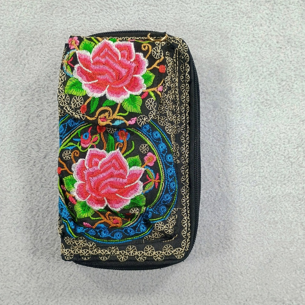 Unbranded Womens Floral Embroidered Wallet Black Multi OS Boho Zip Clutch‎